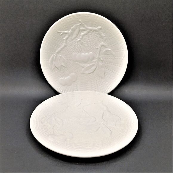 Pair, Ed. Langbein Salad Plates Ceramic White Cherry Western Germany MCM B3 - Picture 1 of 5